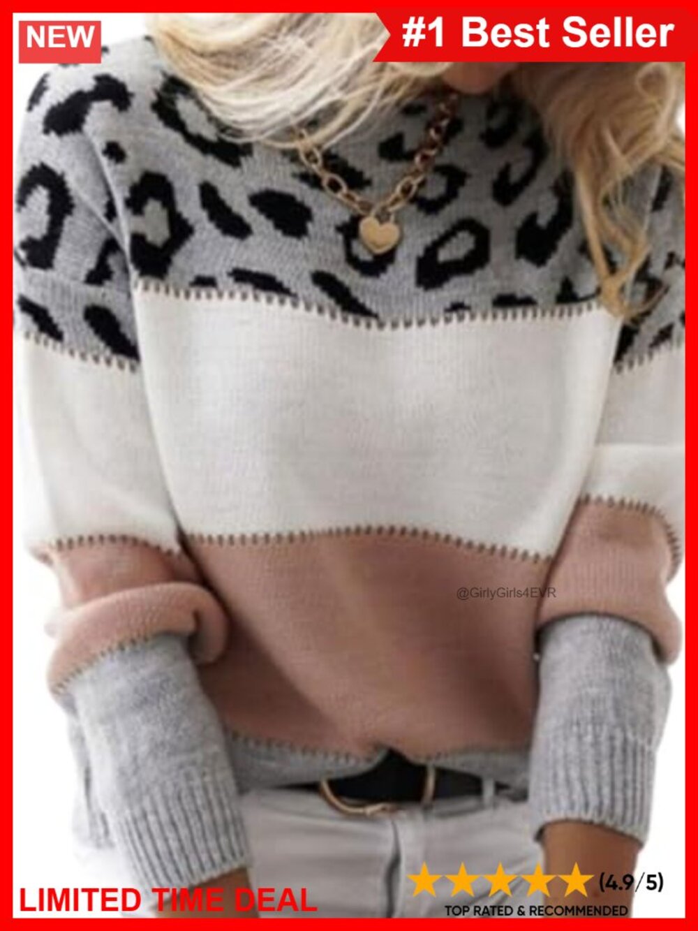 Womens Leopard Striped Knitted Pullover Sweater Crewneck Long Sleeve